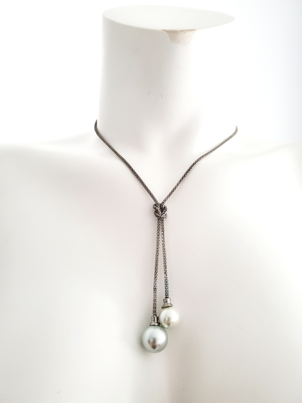 Silver Color Lariat Necklace with Double Pearl Drops
